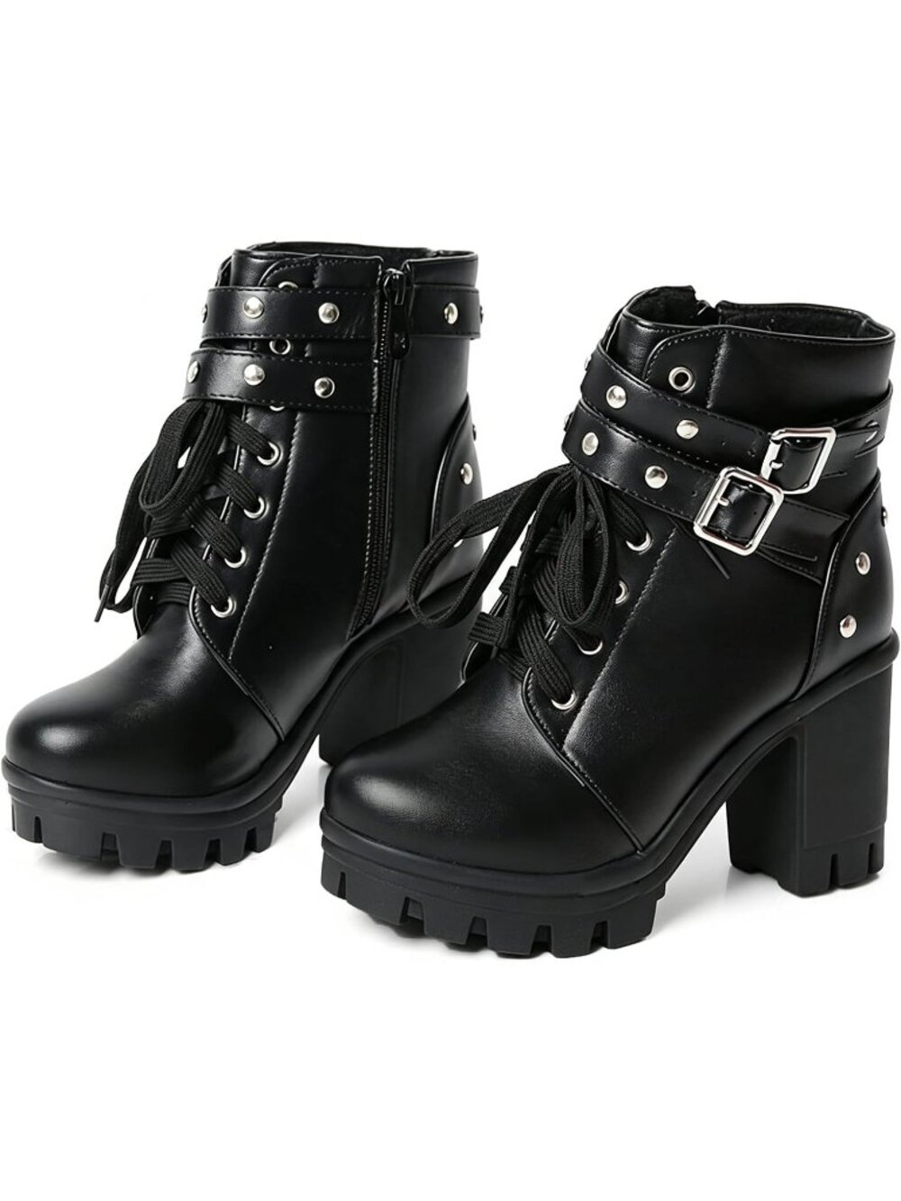 Women's Black Buckle Goth Boots Chunky Heel Boots Combat Rivets Punk Goth Boots
